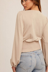 Ruching V Neck Ribbed Top - Light Taupe