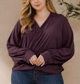 Curvy Draped Wrap Twist Shirts Blouse - Plum