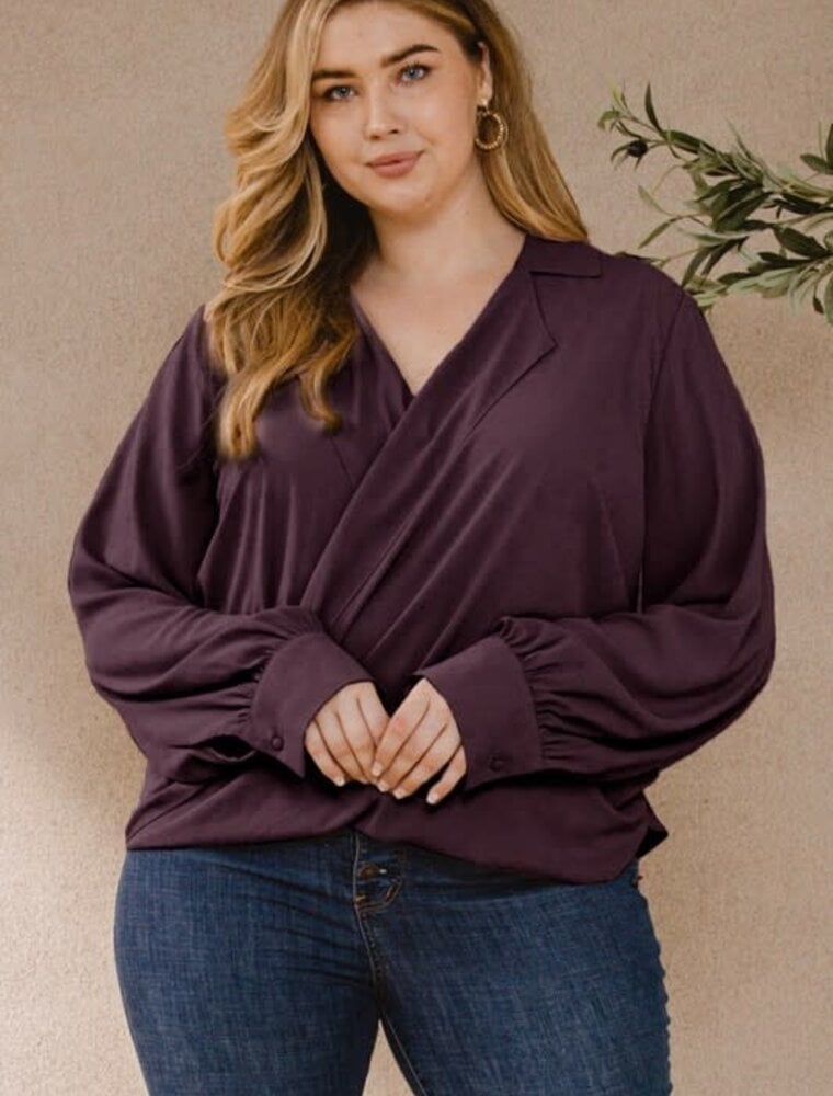 Curvy Draped Wrap Twist Shirts Blouse - Plum