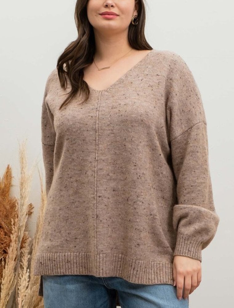 V Neck Speckled Knit Sweater - Mocha