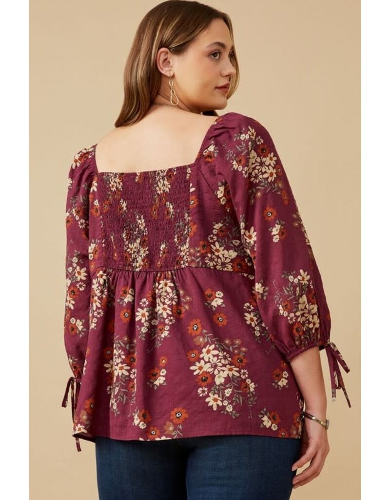 Curvy Mixed Floral Tie Sleeve Sweetheart Neck Top