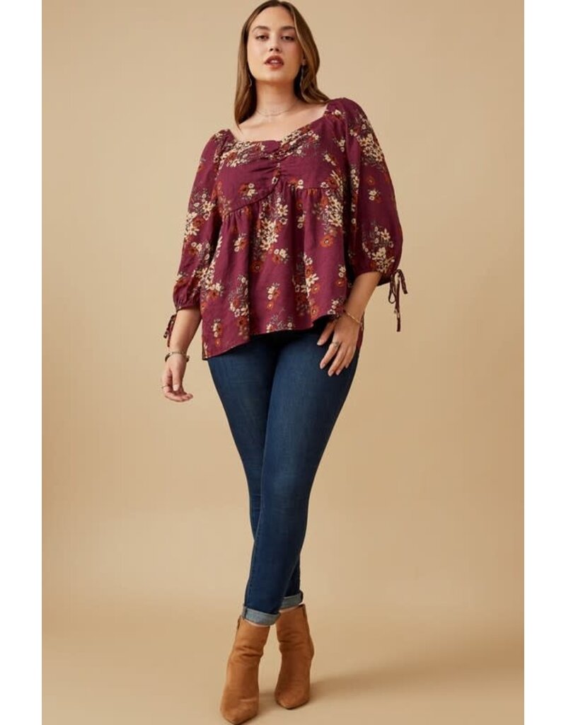 Curvy Mixed Floral Tie Sleeve Sweetheart Neck Top