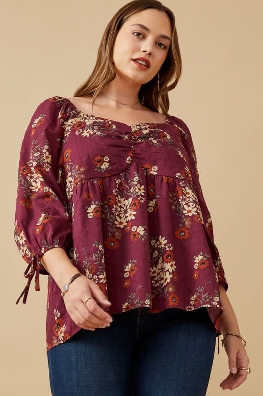 Curvy Mixed Floral Tie Sleeve Sweetheart Neck Top - Boutique 23