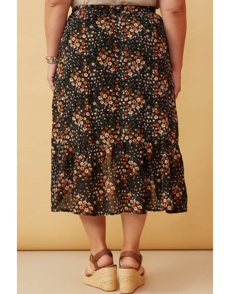 Curvy Textured Floral Print Asymmetric Midi Skirt