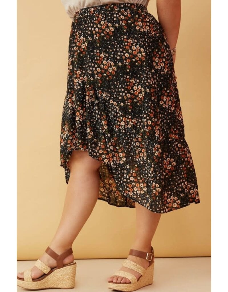 Curvy Textured Floral Print Asymmetric Midi Skirt