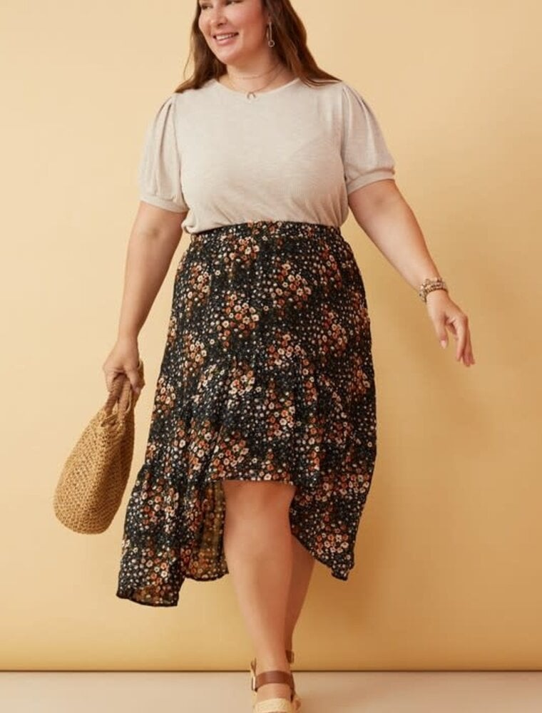 Curvy Textured Floral Print Asymmetric Midi Skirt