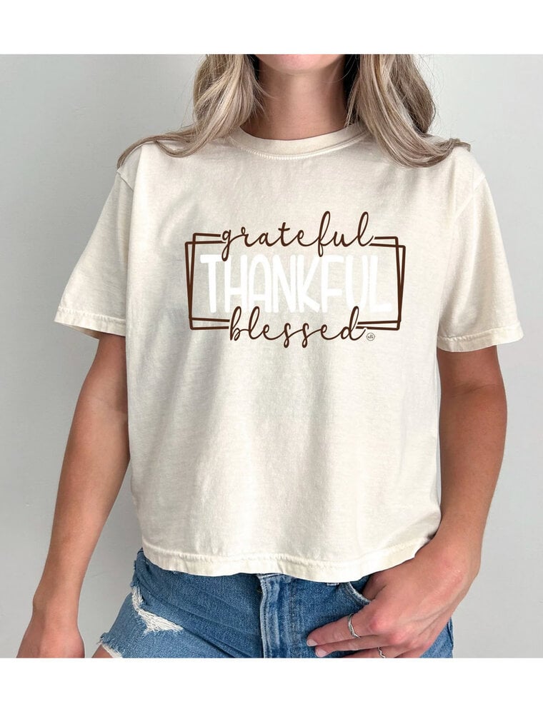 Grateful Thankful Blessed Cropped Tee - Taupe