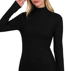 Ribbed Long Sleeve Turtle Neck Top - Black