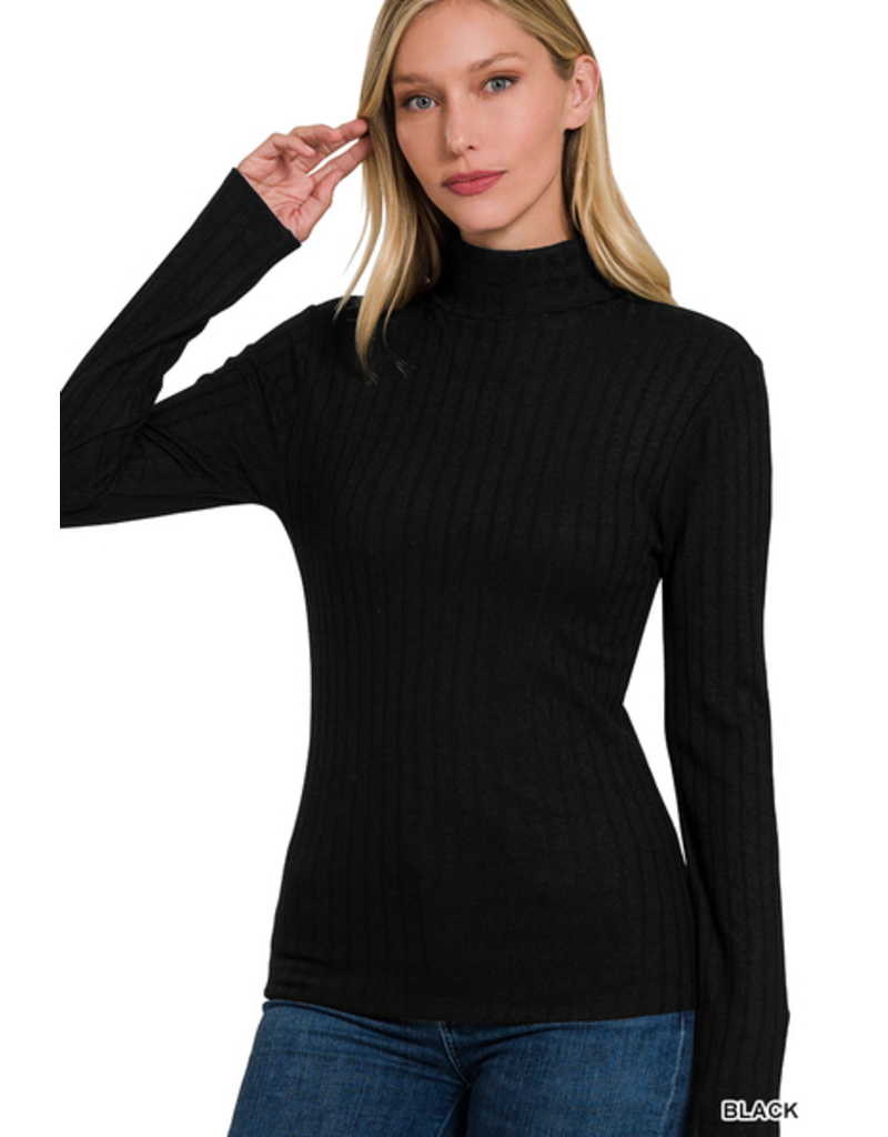 Ribbed Long Sleeve Turtle Neck Top - Black