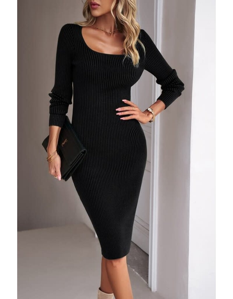 Square Neck Knit Sweater Midi Dress - Black