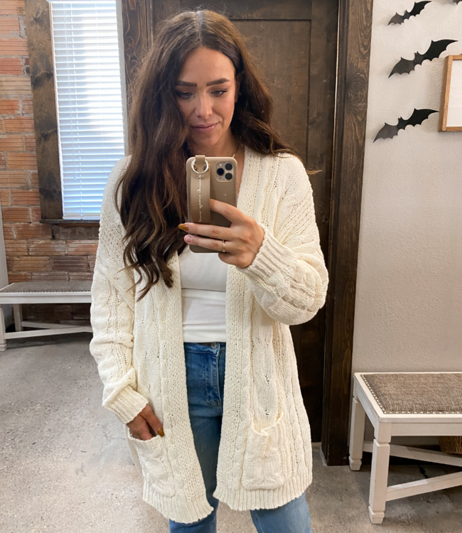 Chenille Cable Knit Oversized Cardigan - Ivory