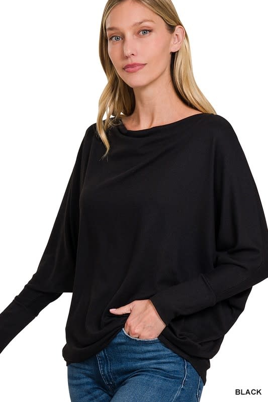 Dolman Boat Neck Long Sleeve - Black - Boutique 23