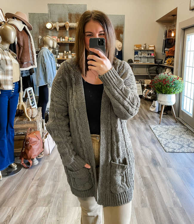 Chenille Cable Knit Oversized Cardigan - Olive