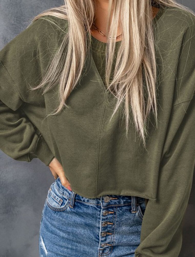 Drop Shoulder Cropped Sweater - Green