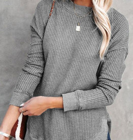 Crew Neck Ribbed Waffle Knit Top - Grey