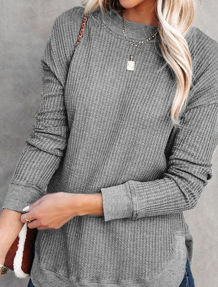 Crew Neck Ribbed Waffle Knit Top - Grey