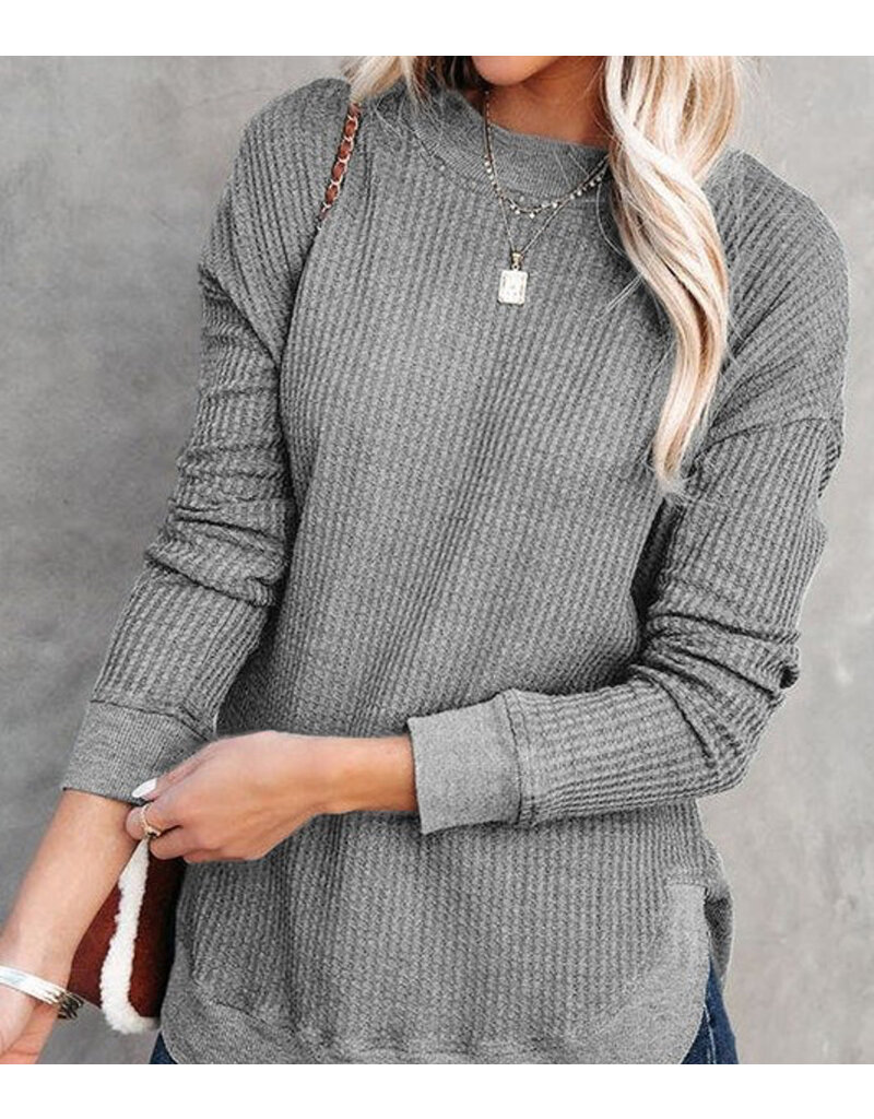 Crew Neck Ribbed Waffle Knit Top - Grey