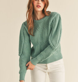Braided Cable Knit Puff Sleeve Sweater - Rosemary Green