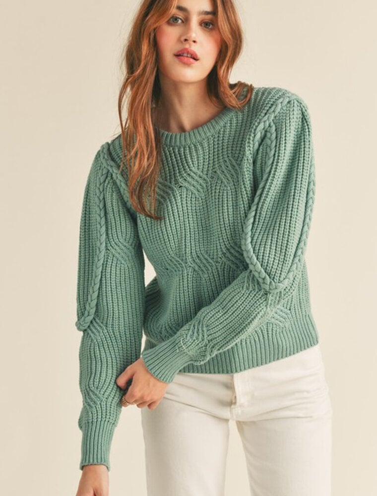 Braided Cable Knit Puff Sleeve Sweater - Rosemary Green