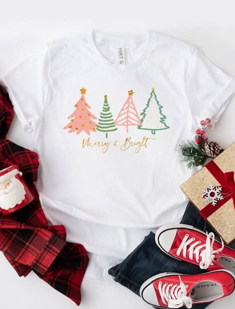 Merry & Bright Short Sleeve Graphic Top - White