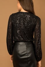 Long Sleeve Sequin Wrap Bodysuit - Black