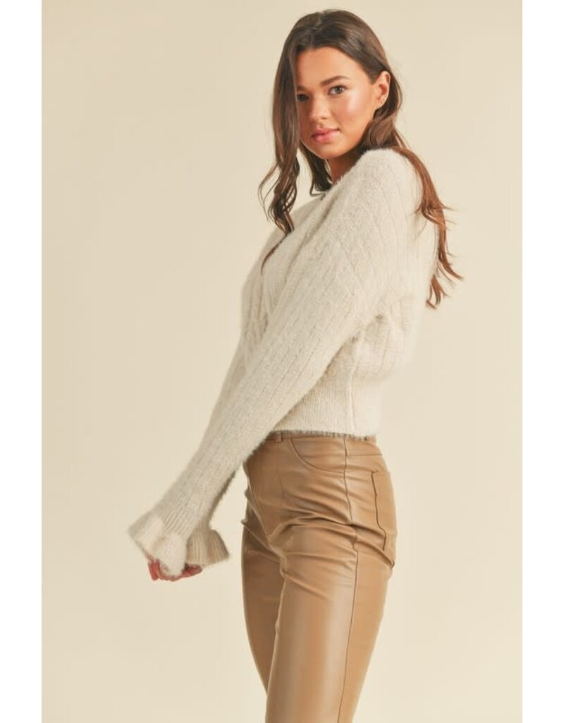 Woven Knit Sweater With Flutter Cuff - Ivory