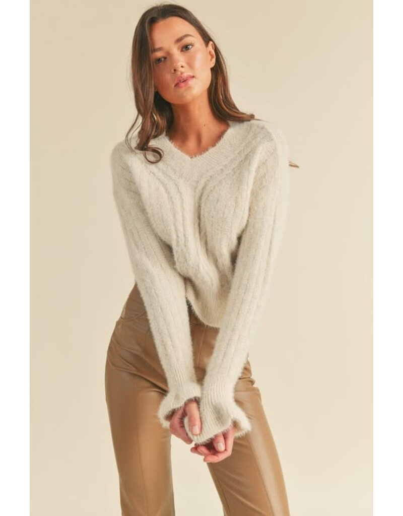 Woven Knit Sweater With Flutter Cuff - Ivory