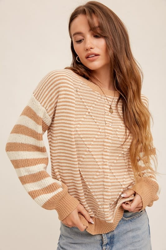 Chenille Stripe Cable Knit Sweater - Dusty Appricot