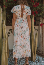 Floral Flutter Sleeve V Neck Maxi Dress - Natural