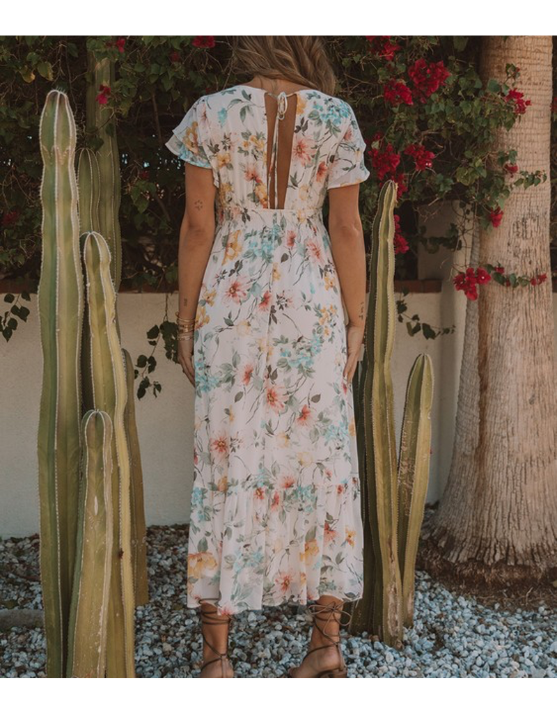 Floral Flutter Sleeve V Neck Maxi Dress - Natural