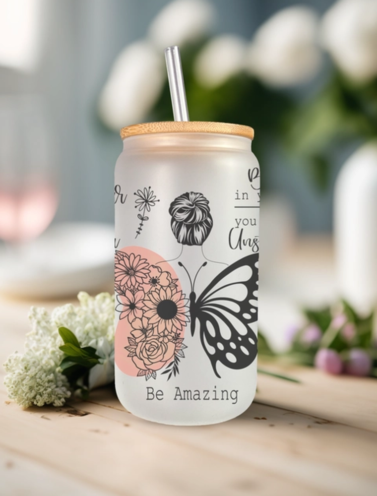 16 oz Glass Can - Boho Butterfly