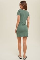 Slub Knit Mini Dress With Ruched Detail - Green