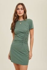 Slub Knit Mini Dress With Ruched Detail - Green