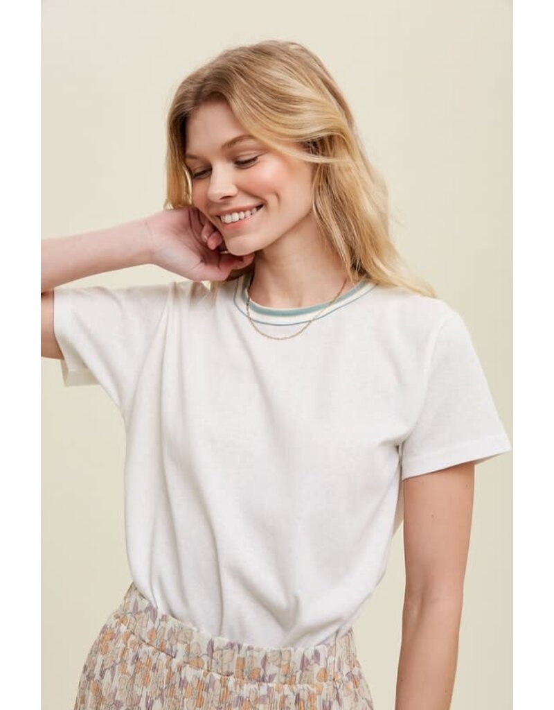Knit Top With Color Contrast Ribbed Band - Ivory