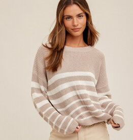 Round Neck Striped Knit Sweater - Taupe