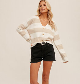 Button Down Striped Relaxed Cardigan - Off White Cappuccino