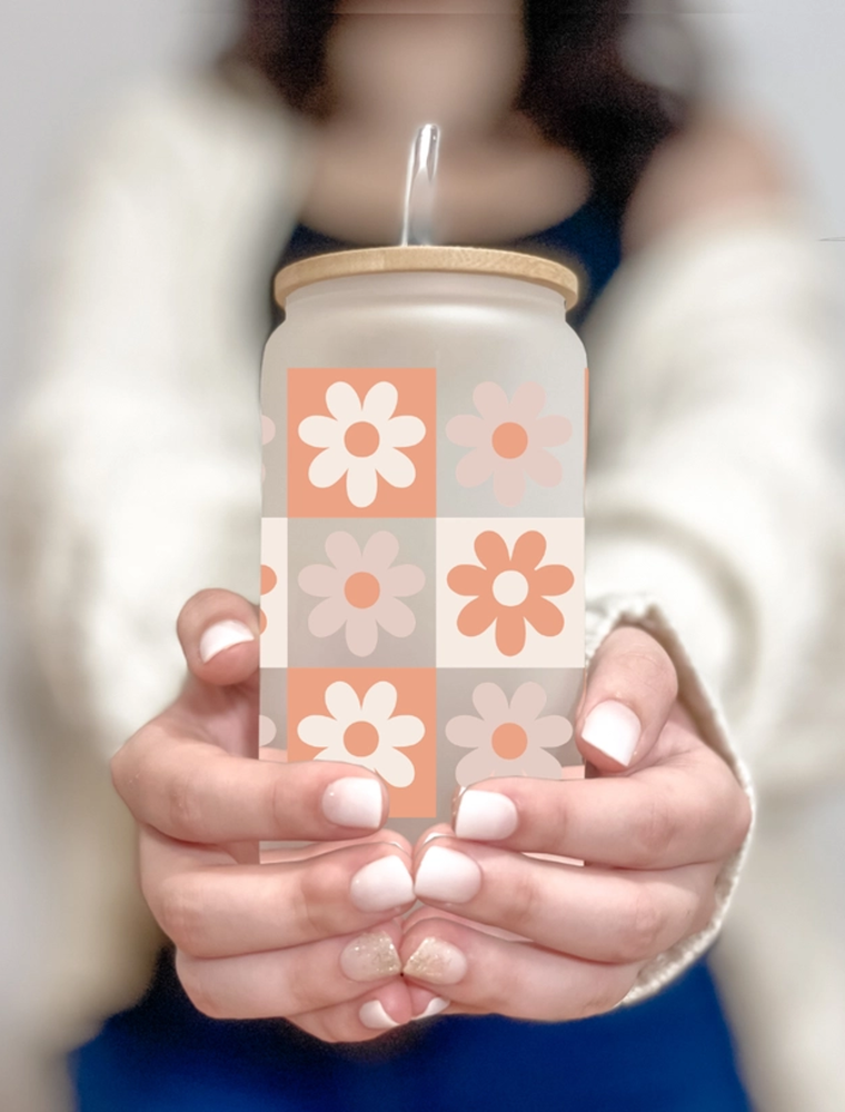 16 oz Glass Can - Retro Daisy