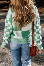 Plaid Knitted Round Neck Sweater - Mint Green