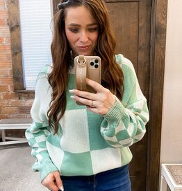 Plaid Knitted Round Neck Sweater - Mint Green