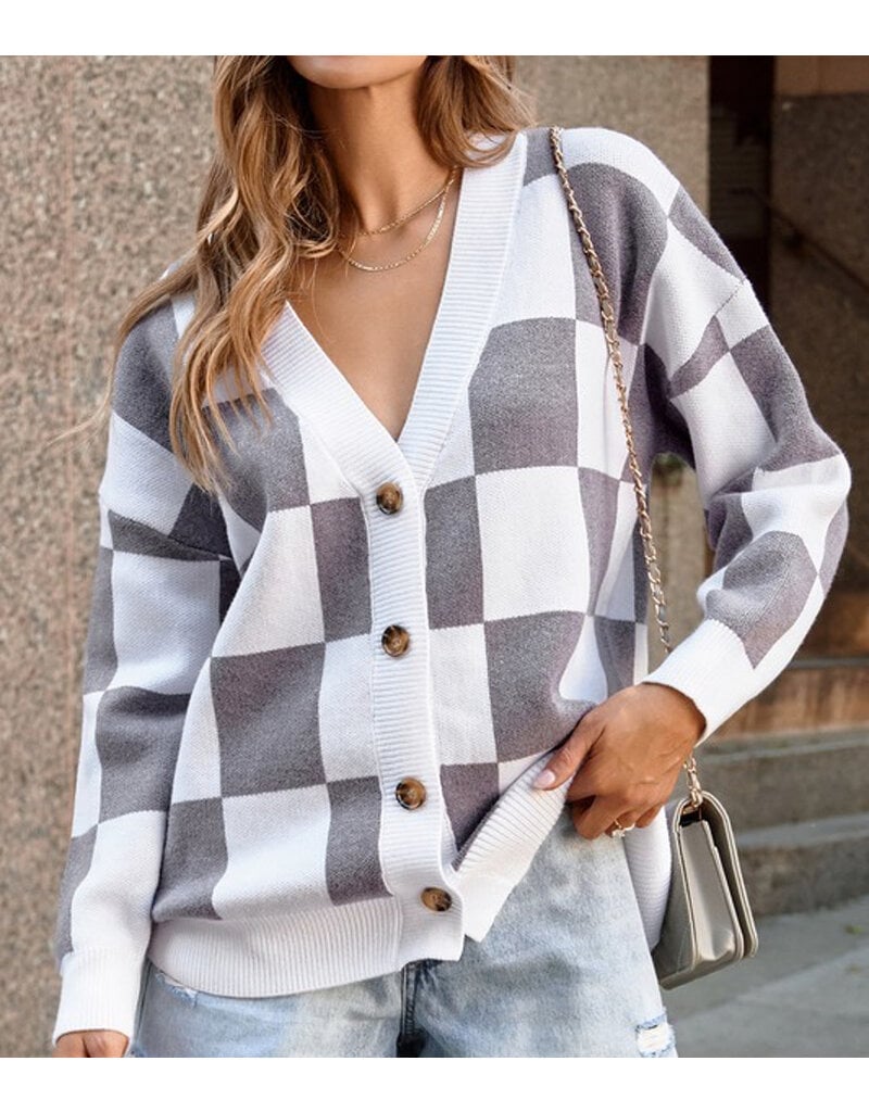 Contrast Checkered Sweater Cardigan - Gray