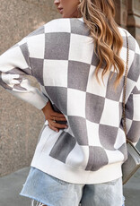 Contrast Checkered Sweater Cardigan - Gray