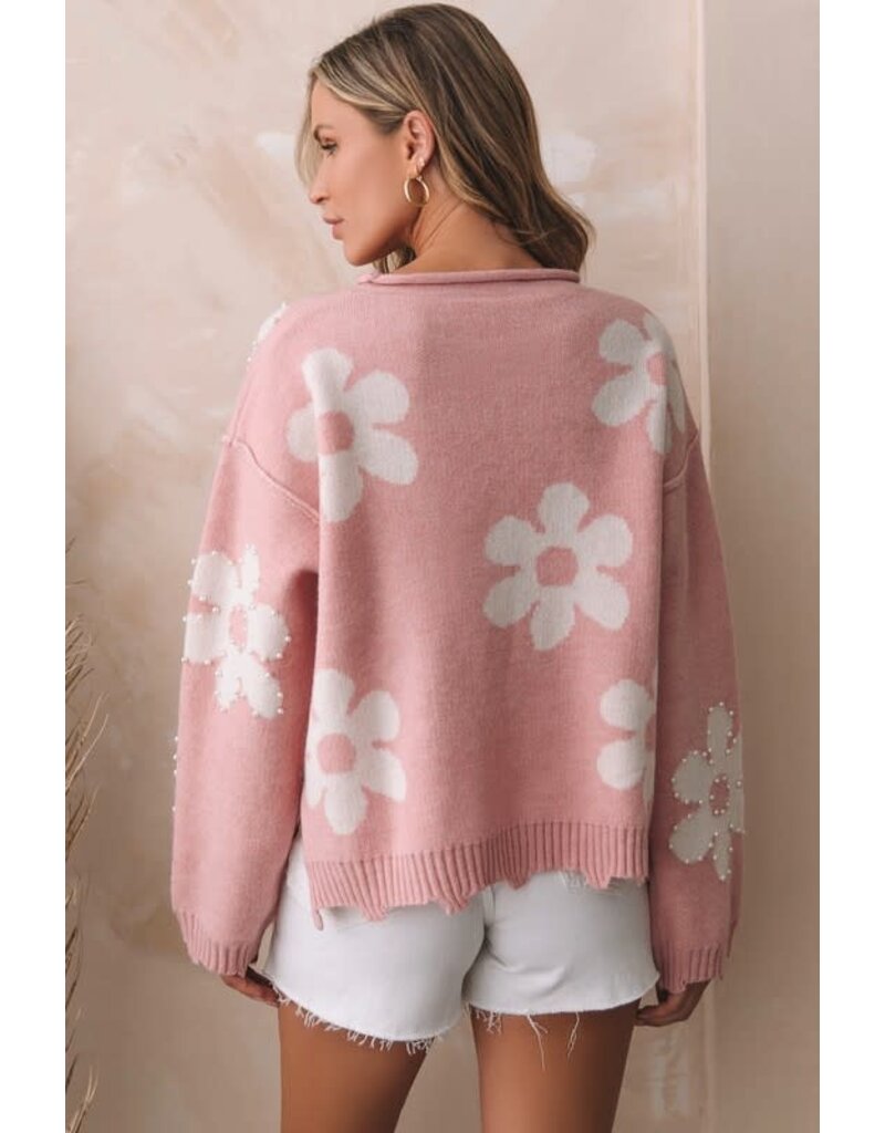 Pearl Beaded Floral Drop Shoulder Sweater - Pink