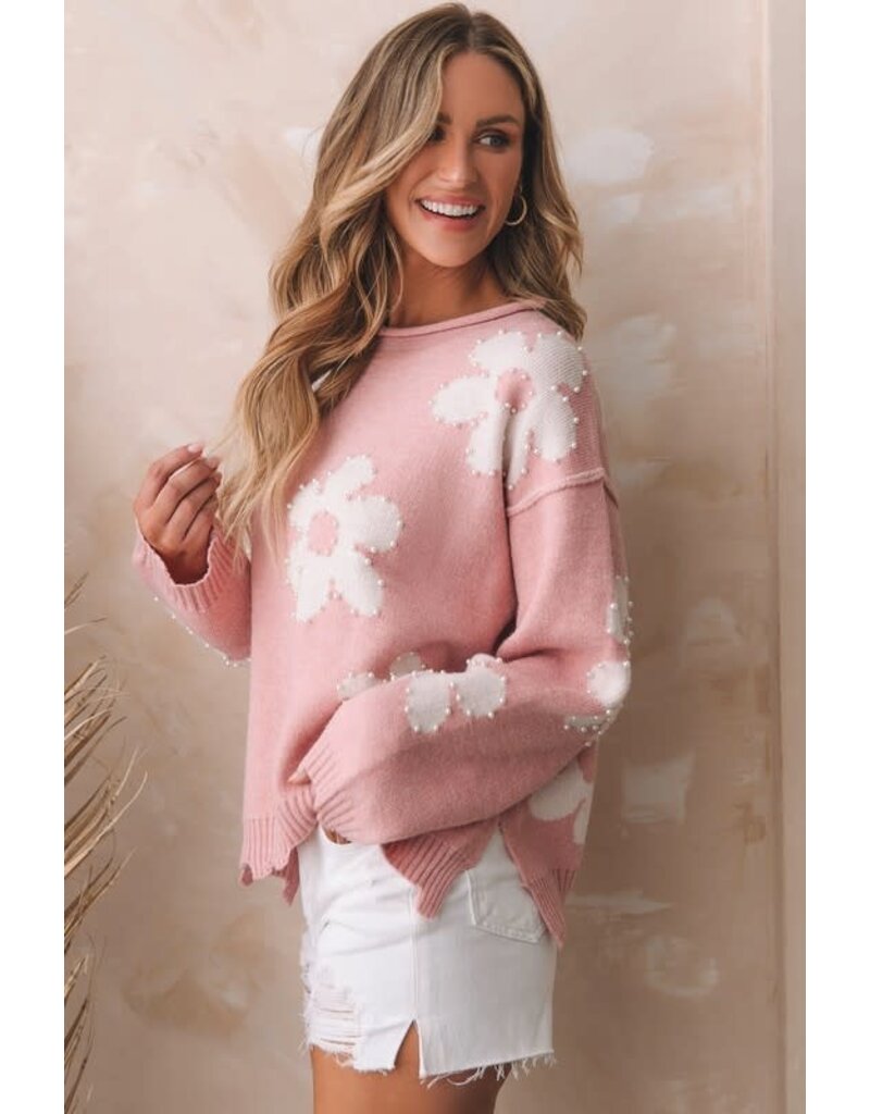 Pearl Beaded Floral Drop Shoulder Sweater - Pink