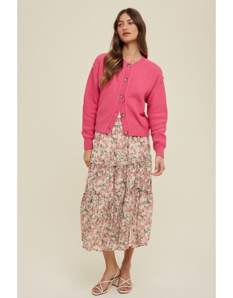 Floral Tiered Midi Skirt With Slit - Mink/Rose
