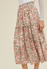 Floral Tiered Midi Skirt With Slit - Mink/Rose