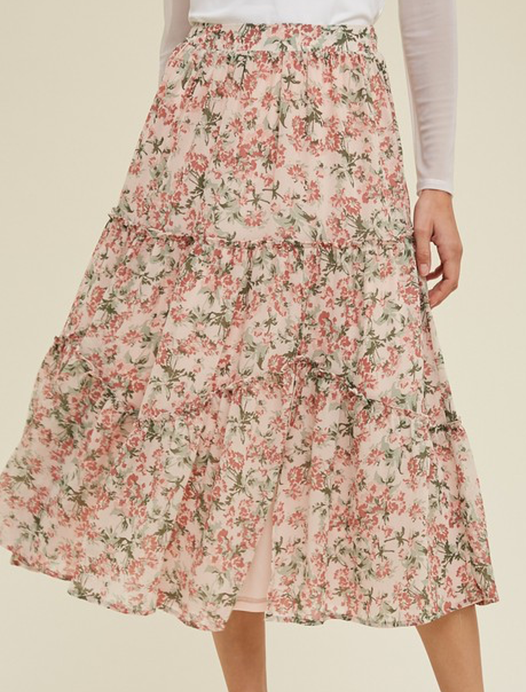 Floral Tiered Midi Skirt With Slit - Mink/Rose