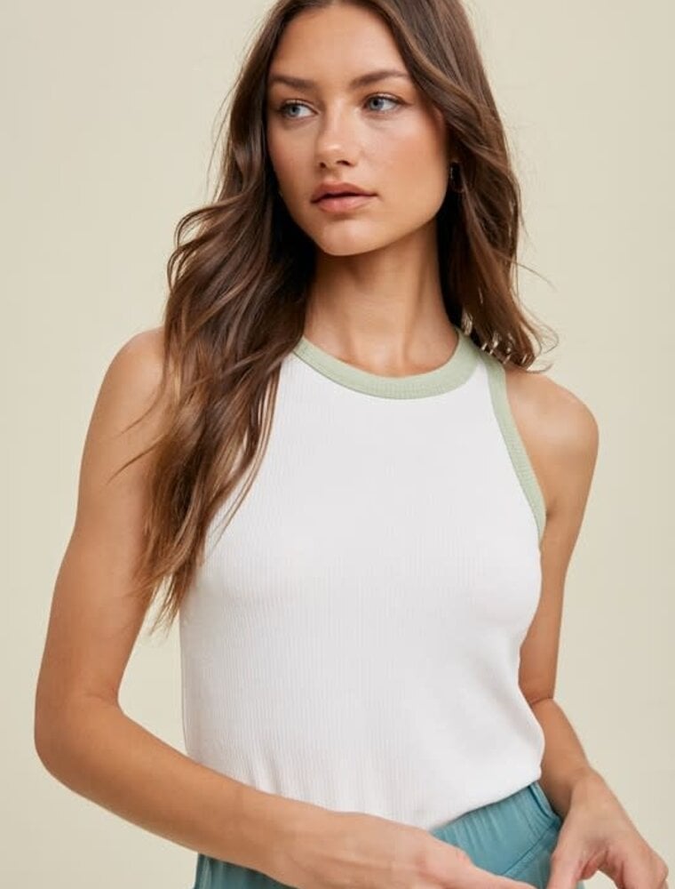 Ribbed Knit Tank Top With Color Contrast - D. Sage