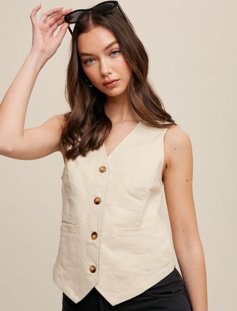 Fitted Linen Vest With Pockets - Natural