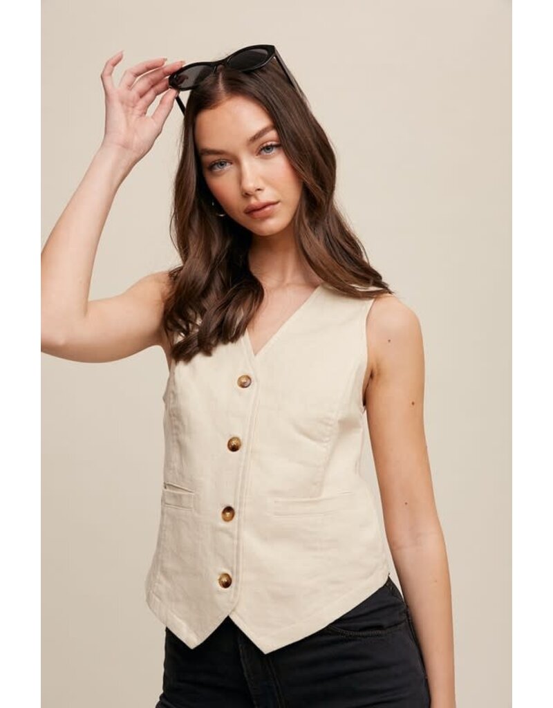 Fitted Linen Vest With Pockets - Natural