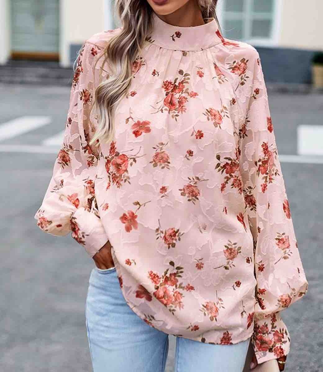 Floral Long Sleeve Mock Neck Top - Pink - Boutique 23